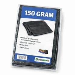 Zwart afdekzeil 150gr/m² waterdicht beschermzeil voor bouwmaterialen, tuinmeubelen en buitenopslag, rondom voorzien van ringen.