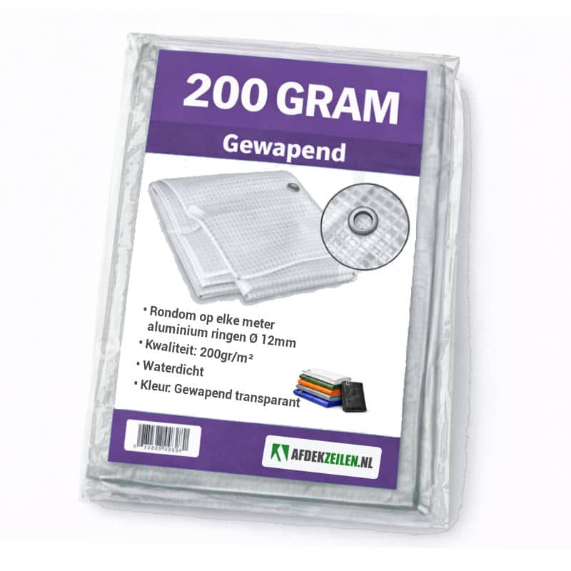 Gewapend transparant afdekzeil 200gr/m² waterdicht met UV coating en aluminium bevestigingsogen